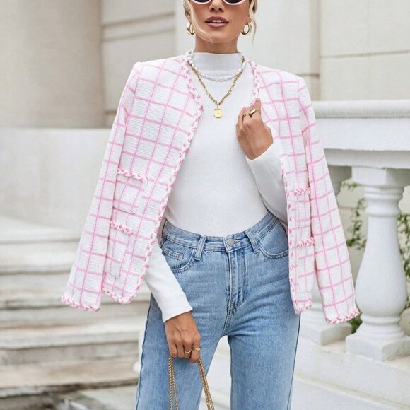 Pink Trendy Womens Plaid Print Open Front Pocket Patched Overcoat